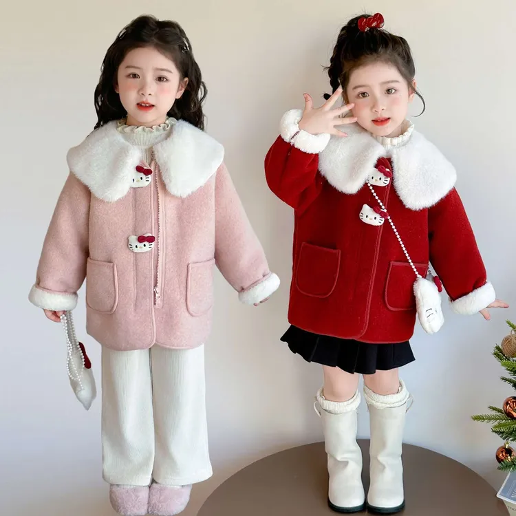 法国女童毛呢外套2025冬装新款秋冬加绒加厚中长款小女孩宝宝儿童