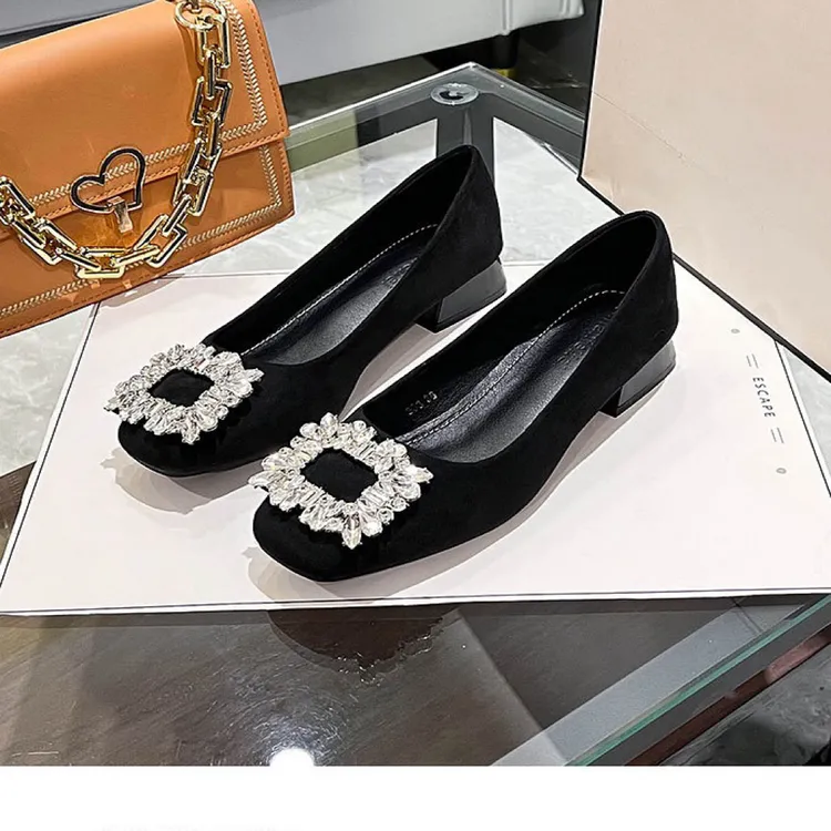 水钻豆豆鞋百搭单鞋休闲风春季韩版浅口粗跟方头平底300-2#