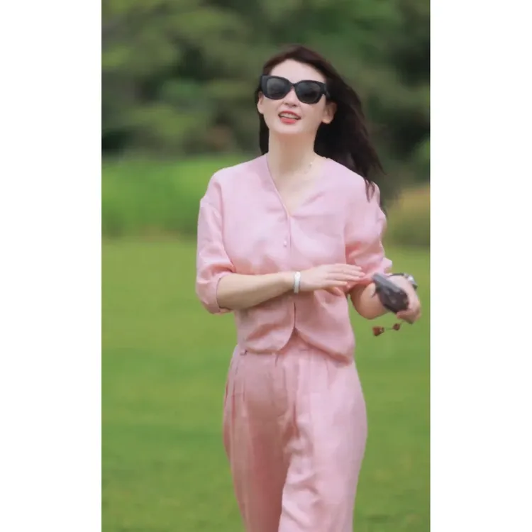 2025年夏季粉色梭织三醋酯纤维100%时尚女装套装两件套M到3XL尺码