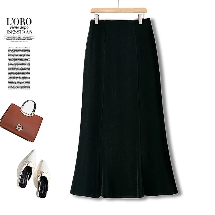 黑色绒边鱼尾半身裙2025新款秋季爆款女裙高腰显瘦高端气质中长裙