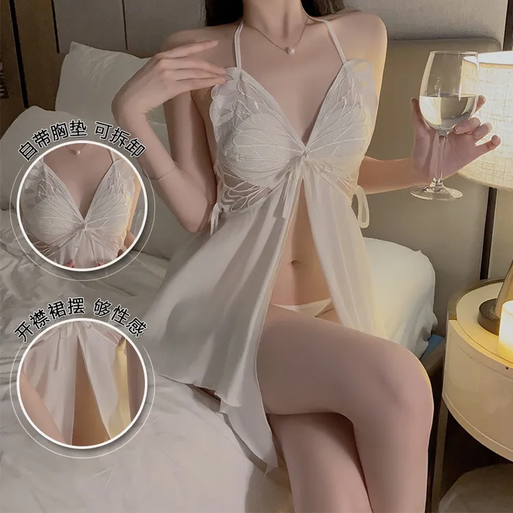 D若缎面开襟系带结加胸垫不规则裙摆睡裙女式家居套装美背性感