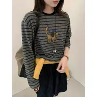 【小黄字母T】磨毛印花！时尚圆领条纹宽松慵懒长袖T恤女