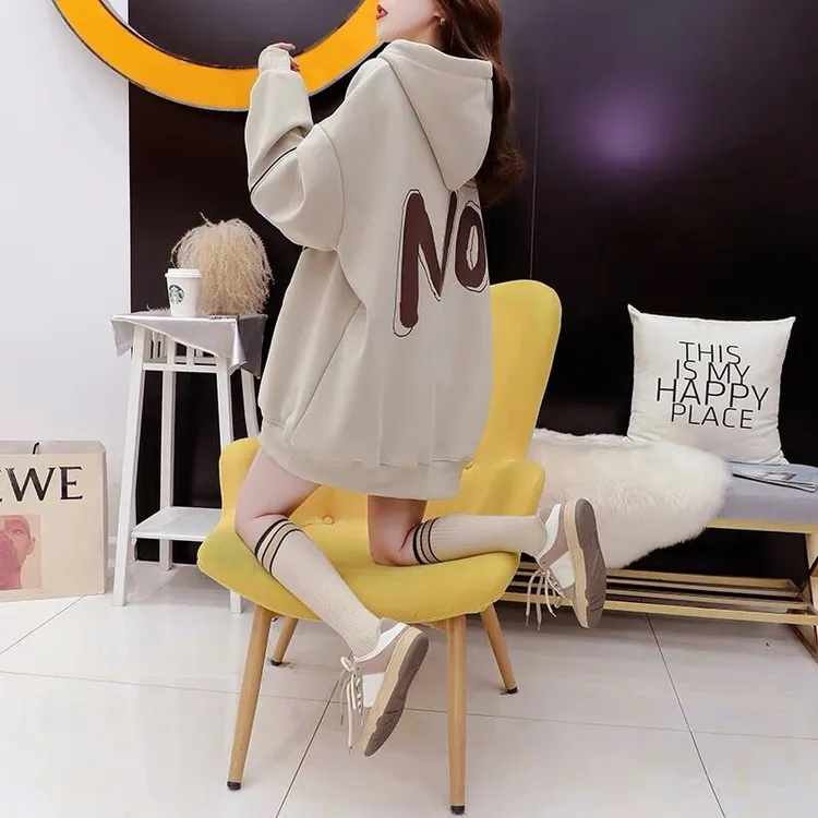 学生中长款连帽卫衣女纯棉长袖外穿上衣服春秋季薄款休闲洋气套头