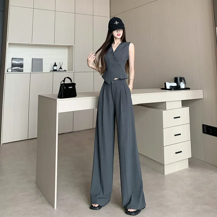 原创设计高级感套装 简约时尚气质西装马甲+高腰阔腿裤两件套