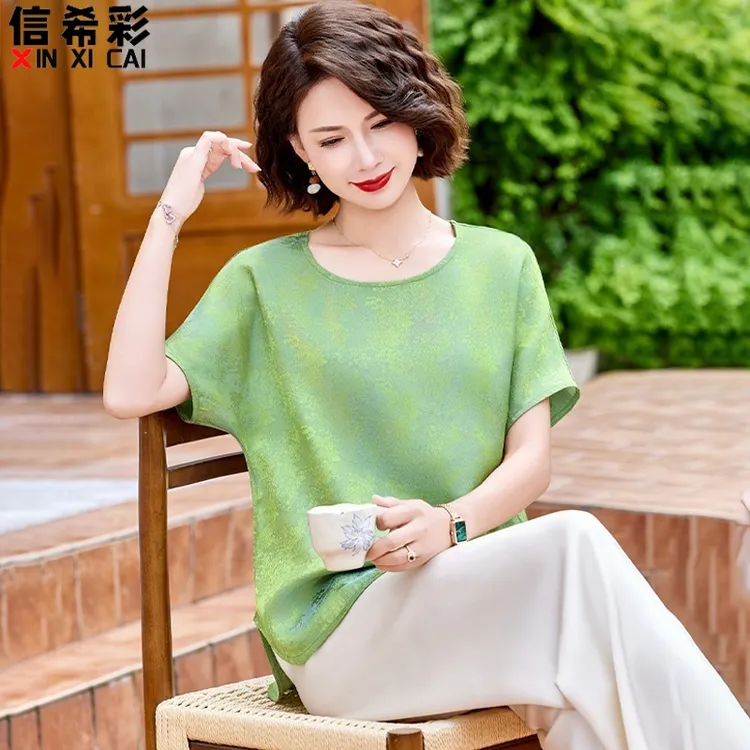 今年流行的妈妈上衣宽松大码贵夫人高端雪纺小衫中老年女夏装套装