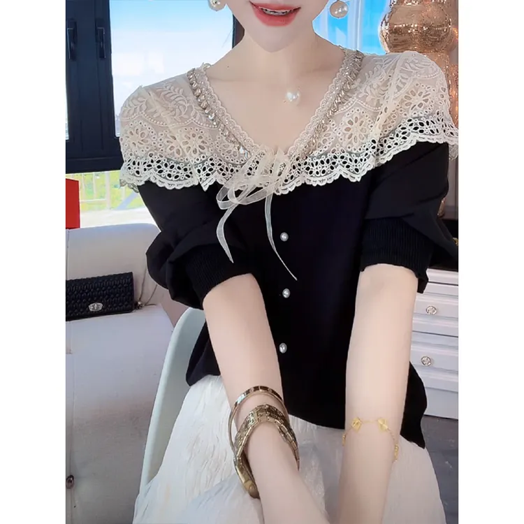 重工蕾丝拼接针织衫女2025秋季新款时尚洋气减龄显瘦小众小衫上衣
