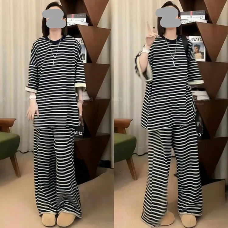 2025夏季欧货宽松显瘦慵懒条纹休闲套装大码气质两件套洋气衣服女