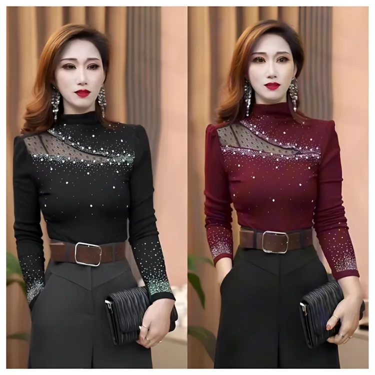 蜜妍婵-新款烫钻镂空半高领修身长袖加绒气质百搭冬季洋气款-2539