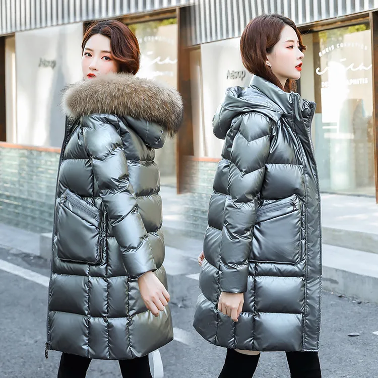 【奥莱正品】真毛领中长款羽绒服女秋冬季2024新款修身显瘦亮面免洗