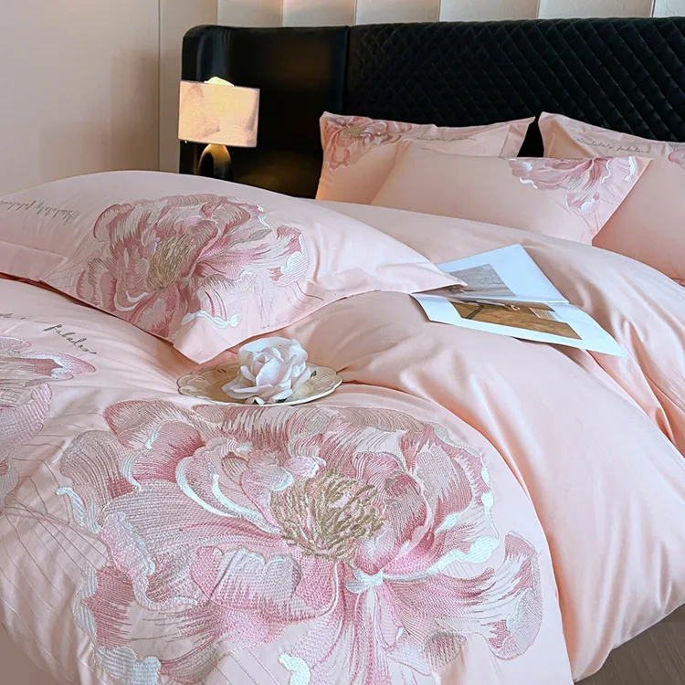 160支 轻奢全棉简约高端刺绣床单床笠四件套裸睡四件套用品