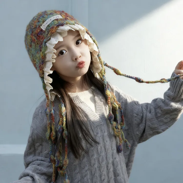 儿童帽子女童彩色花边护耳帽秋冬2025新款可爱保暖宝宝针织包头帽