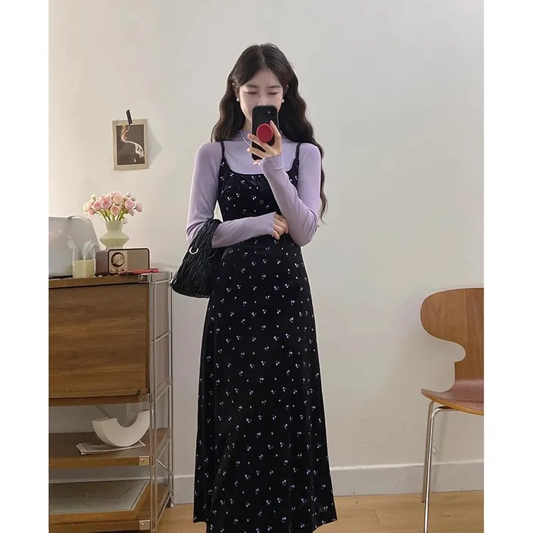 新中式国风EIA一尧恋综2024女友韩系碎花连衣裙女秋冬吊带裙法式