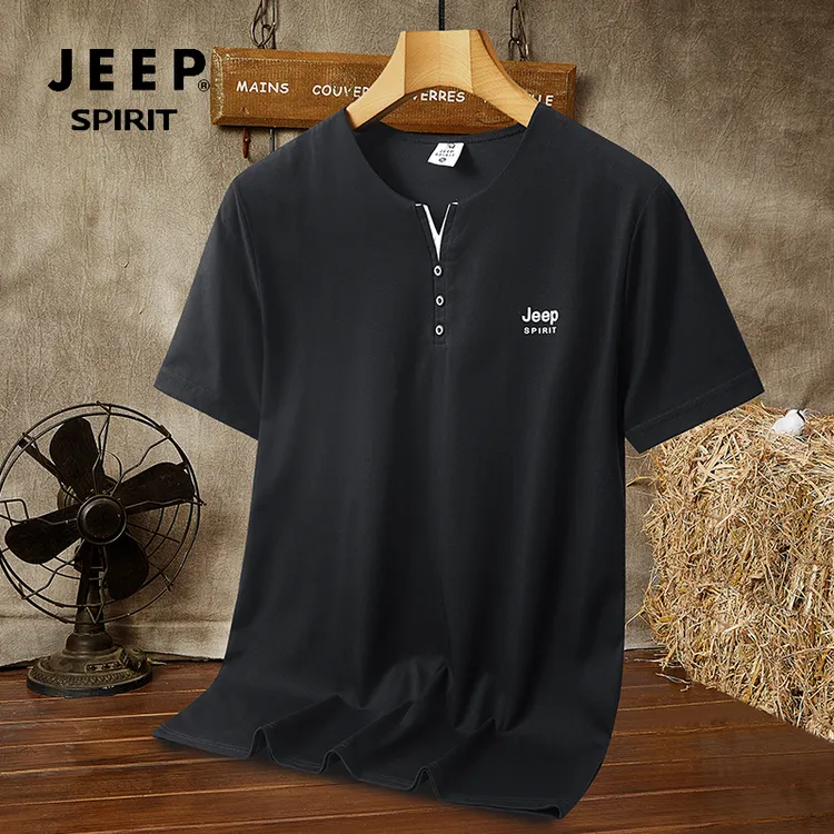 JEEPSPIRIT吉普V领假两件印花夏季运动短袖T恤男士半袖休闲透气