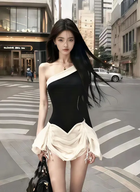 韩版时尚纯欲显瘦气质名媛撞色斜领露肩修身拼接别致设计感连衣裙