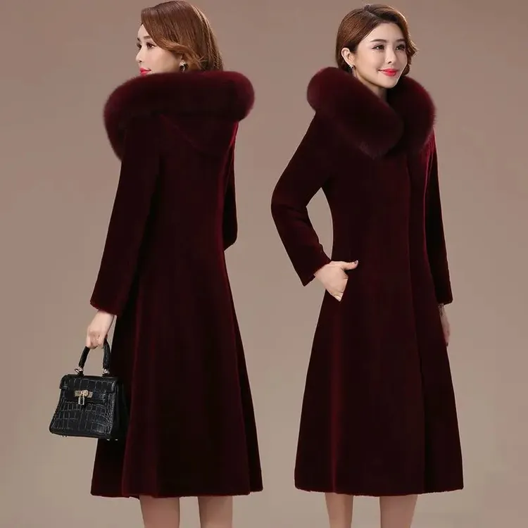 【海宁正品保真】新款羊剪绒大衣女颗粒羊毛狐狸毛修身外套中长款