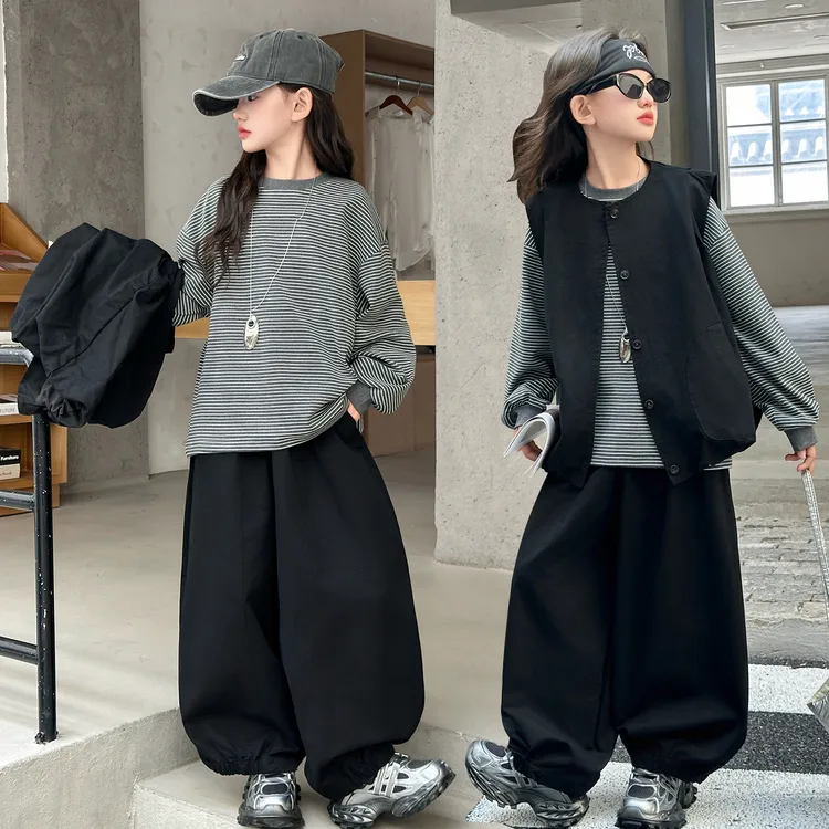 女童套装春秋款中大童洋气2025秋季新款韩系马甲条纹打底衫休闲裤