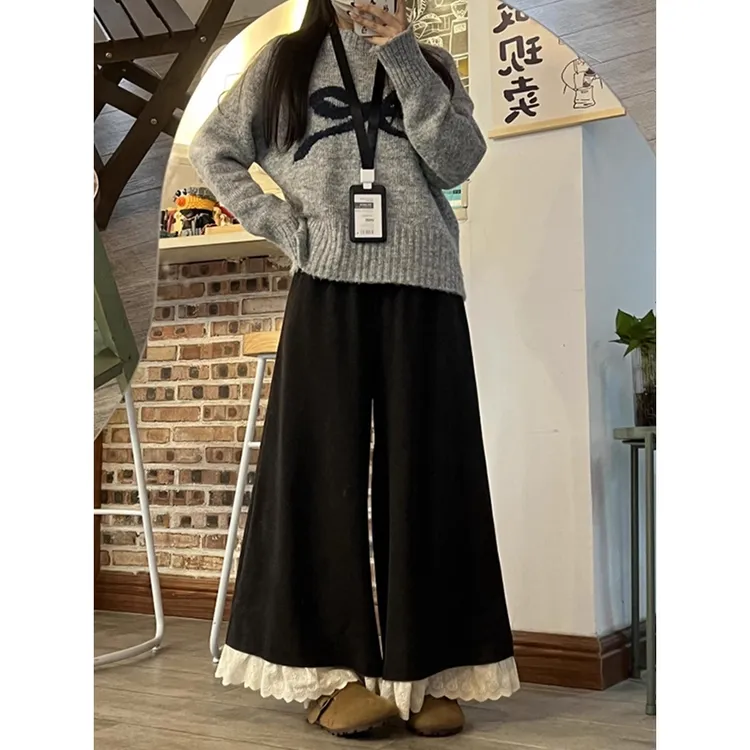 韩系早秋穿搭深灰色蕾丝花边拼接阔腿裤裙大码胖mm慵懒松弛感裙裤