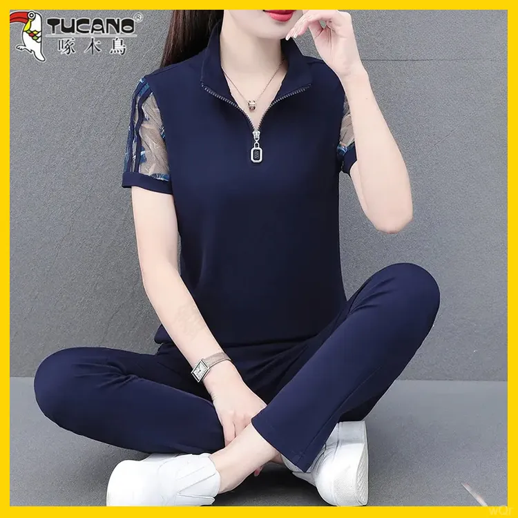 啄木鸟夏季速干衣休闲健身薄款短袖跑步小个子女立领透气运动套装