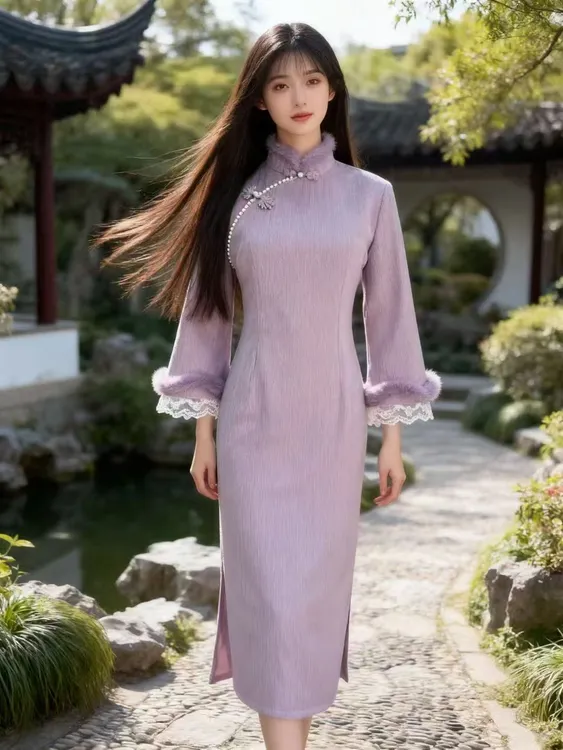 【紫云】新款高端修身连衣裙新中式紫色秋冬复古长袖日常好看