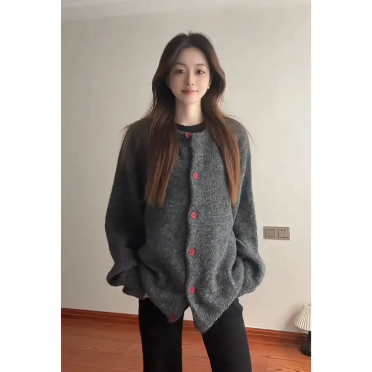 深灰色复古老钱风无领开衫毛衣外套男款秋冬美式慵懒针织长袖上衣