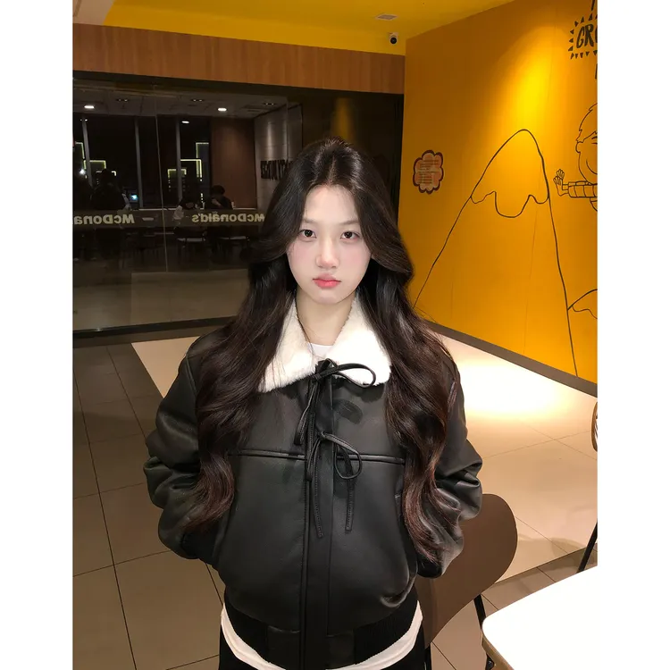 美式复古风高级感毛领皮衣外套女2025秋冬新款气质蝴蝶结保暖上衣