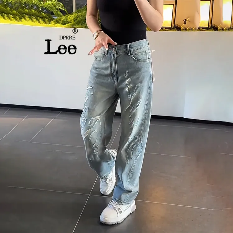 夏季薄款大码潮牌男士时尚新款重工刮烂阔腿牛仔裤高级感休闲裤潮