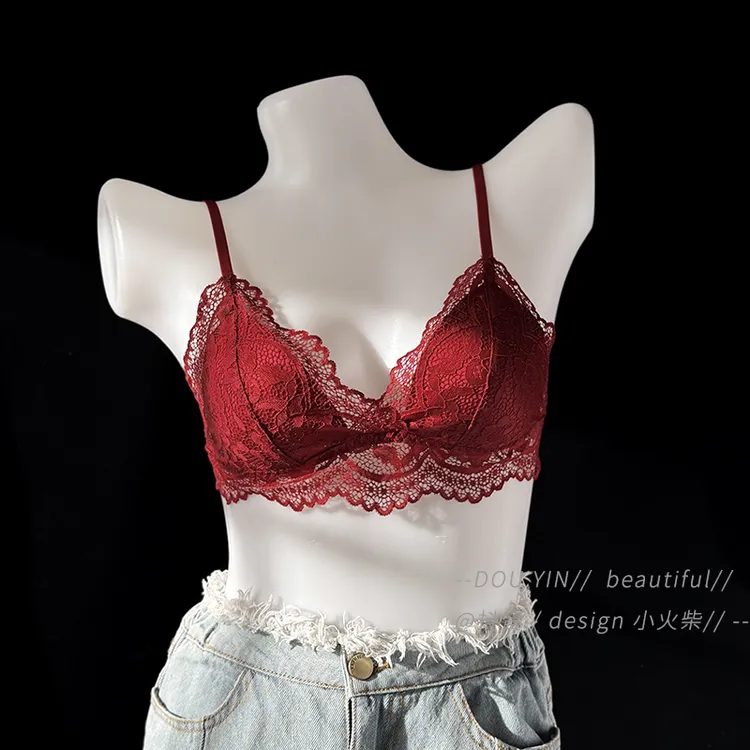 红色本命年美背蕾丝三角杯内衣女小胸无钢圈薄性感文胸罩结婚新娘