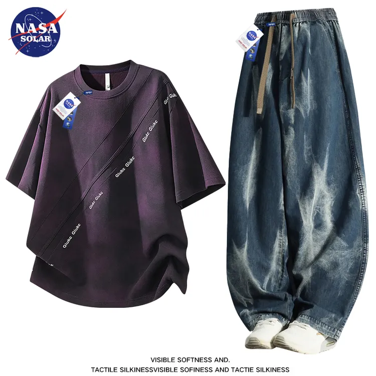 NASA SOLAR美式高街oversize短袖套装男女夏季痞帅宽松大码T恤男