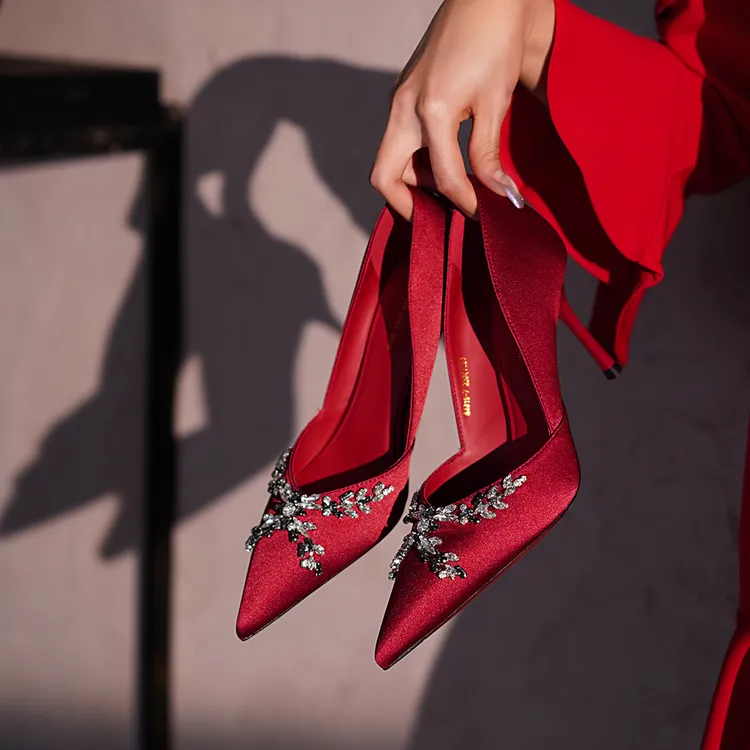 一脚蹬酒红色春季红色细跟高跟鞋鞋子尖头不累脚法式 2319-7