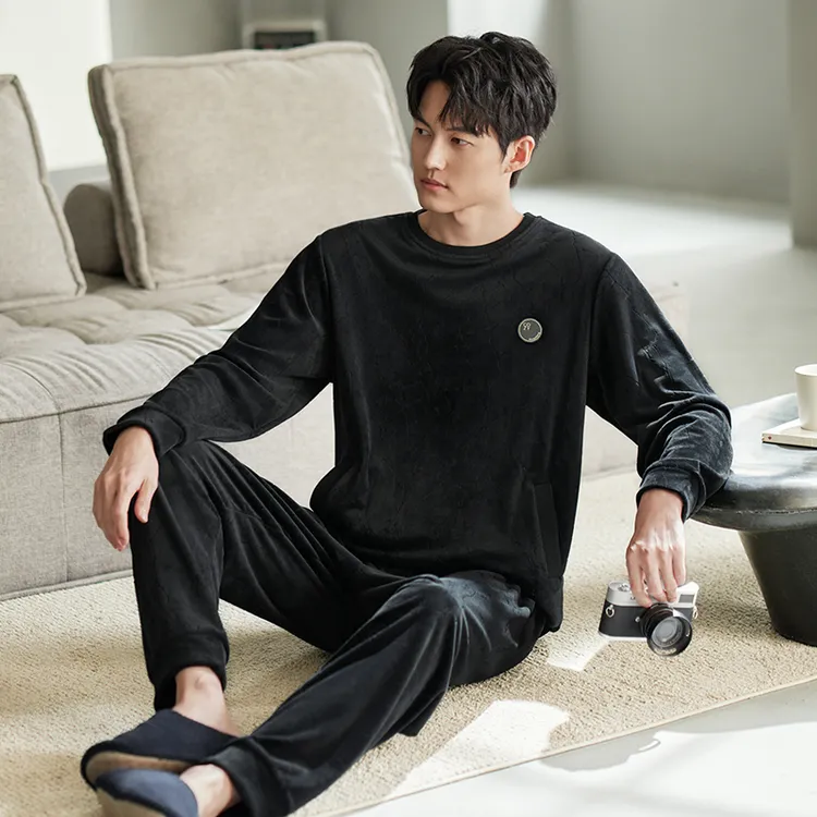 黑色新款睡衣男士海岛绒冬款薄款保暖家居服春秋冬季牛奶绒套装