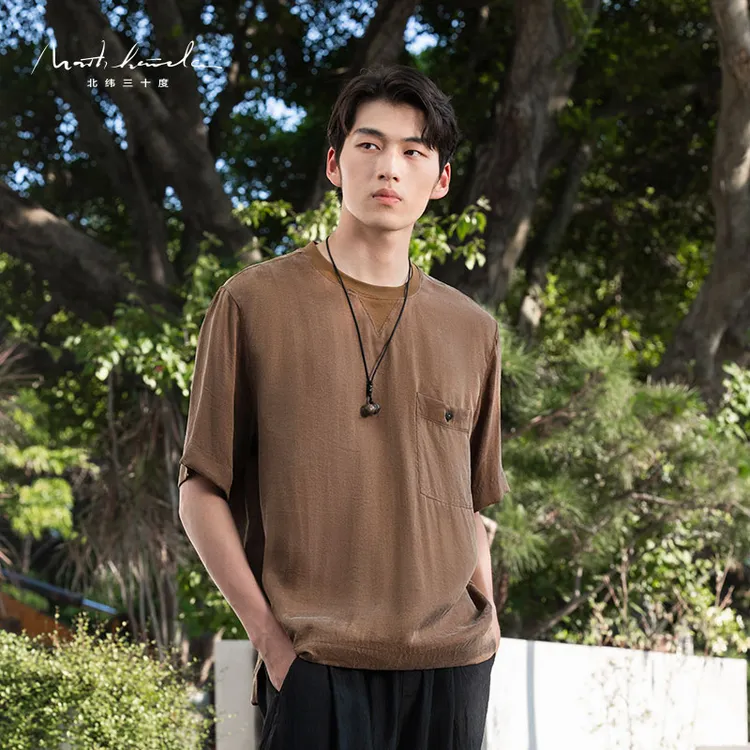 北纬三十度男士夏季凉感短袖轻薄丝光宽松休闲水洗纯色短袖T恤