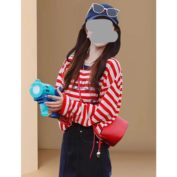 红色条纹宽松长袖防晒t恤女2025新款夏季韩系超好看独特绝美上衣