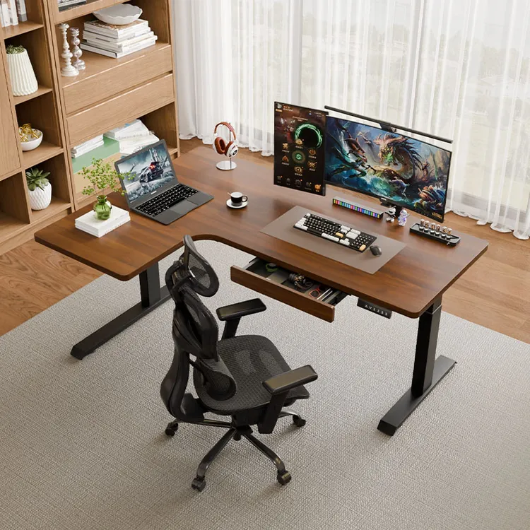 元优L型转角桌电动升降拐角桌实木电竞电脑桌子卧室家用办公台式