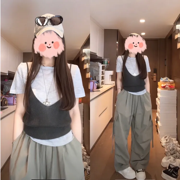 百搭洋气T恤吊带两件套搭配军绿色休闲工装裤套装