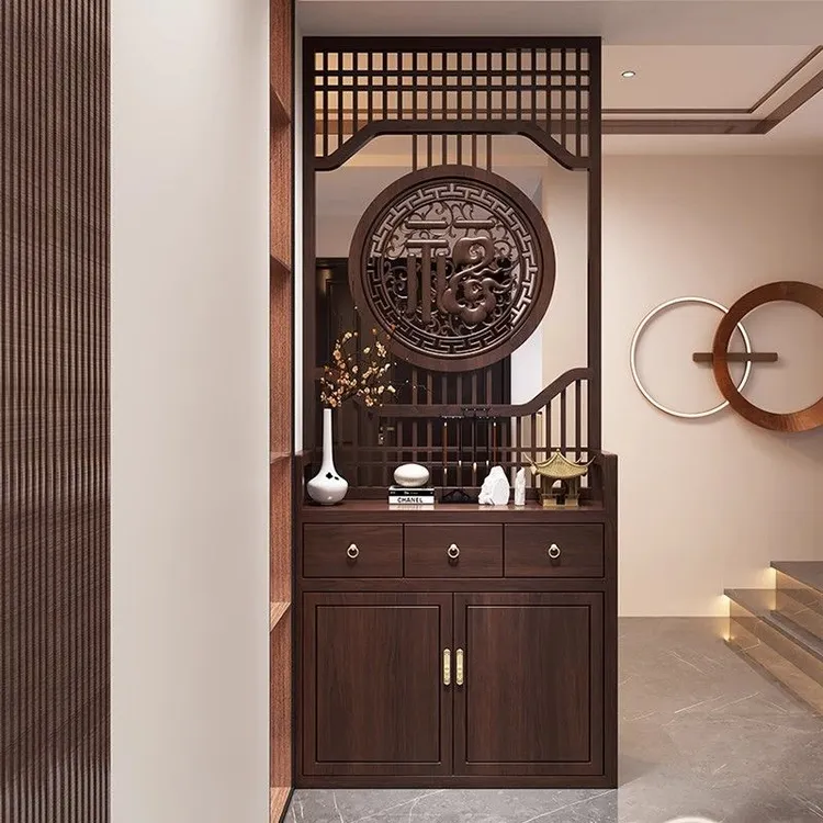 新中式实木客厅乌金木隔断屏风入户玄关遮挡新款门口柜子一体鞋柜