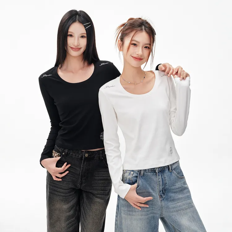 BIPOLAR【达】U型领修身女款休闲百搭潮流薄款长袖T恤 11L158
