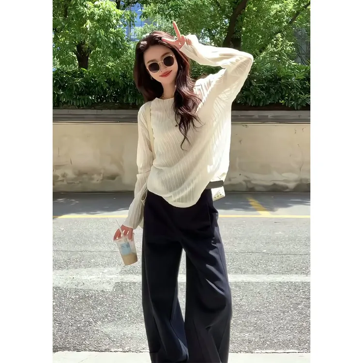 2025早秋新款韩系穿搭宽松条纹圆领长袖上衣百搭高腰显瘦阔腿长裤