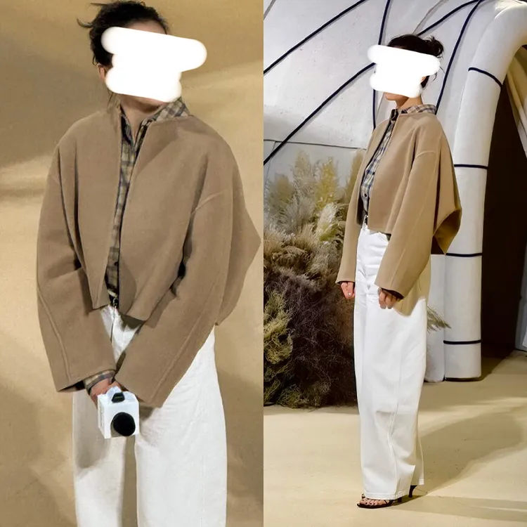 高圆圆同款毛呢外套秋冬驼色羊毛混纺廓形宽松短款呢子大衣