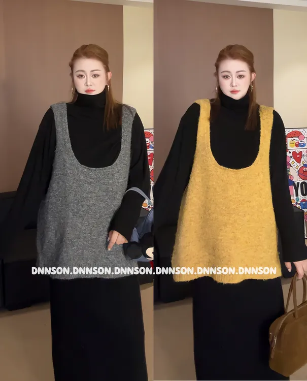 现货【大妮妮】大码大U领毛衣马甲2025秋季新款纯色宽松毛衣马甲072