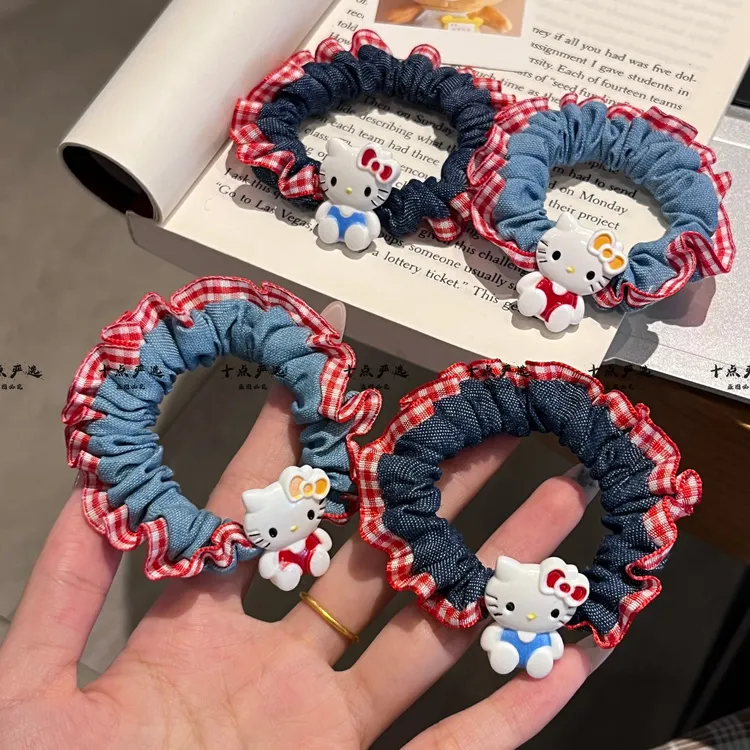 甜妹可爱kitty猫牛仔肠圈女孩软萌简约KT小猫发圈扎发高马尾头绳