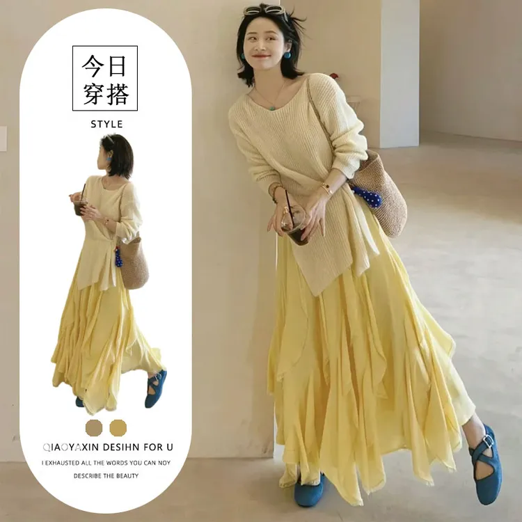 2025小个子穿搭一整套减龄洋气时尚小香风杏色上衣半身裙套装春季