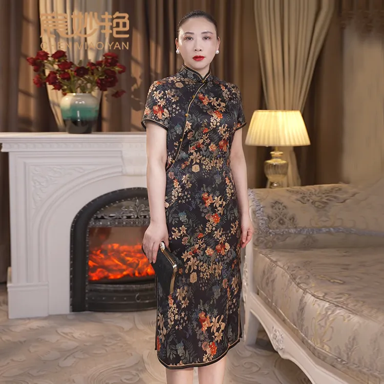 宸妙艳真丝弹力缎旗袍裙新中式复古国风显瘦高贵优雅桑蚕丝旗袍