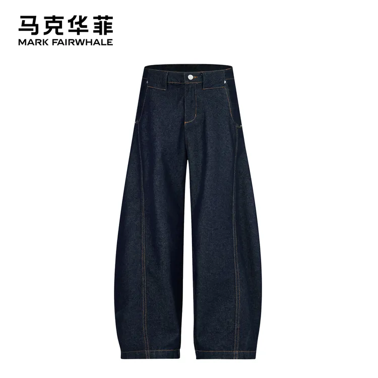 马克华菲春夏薄新款拼接分割时尚弯刀裤垂感休闲牛仔裤