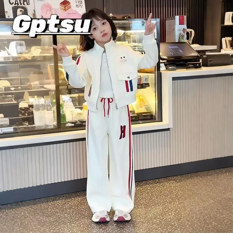 GPTSu女童秋装运动套装2025秋季新款开衫绣花撞色上衣条纹休闲裤