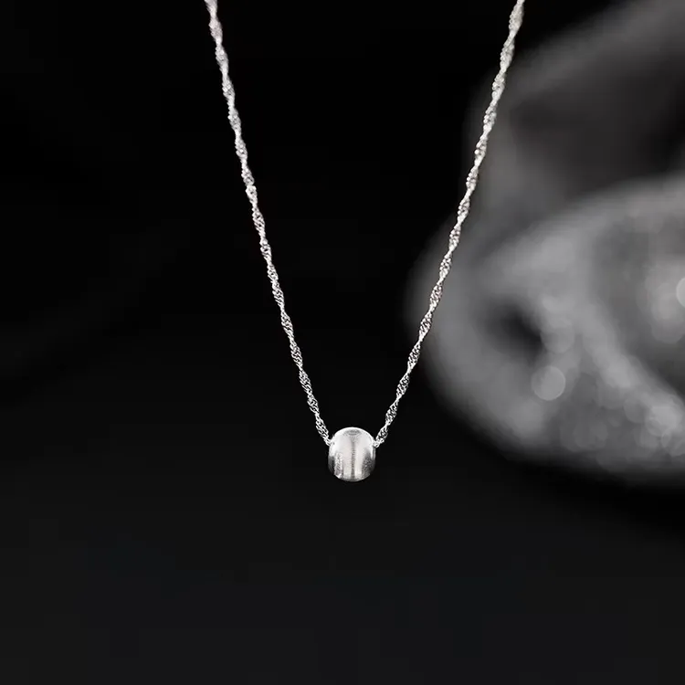 坠链均925银 纯银925拉丝水波纹转运珠吊坠项链女小众设计感轻奢