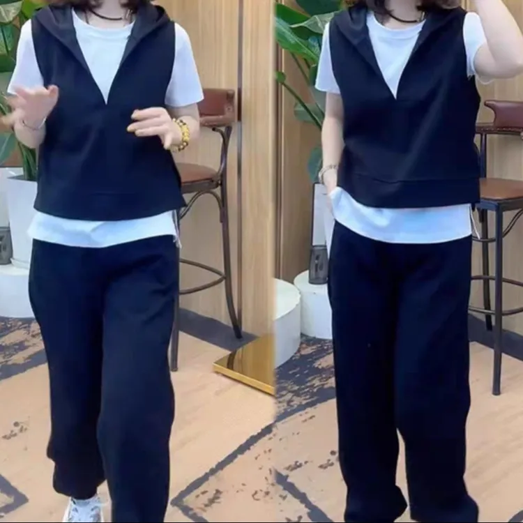 时尚休闲运动套装女连帽马甲短袖束脚裤洋气减龄显瘦三件套