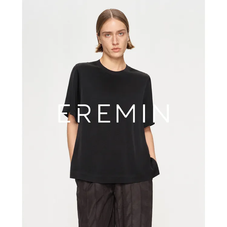 DE Mincollection醋酸黑T/软滑亲肤螺纹拼接休闲通勤醋酸T恤55557