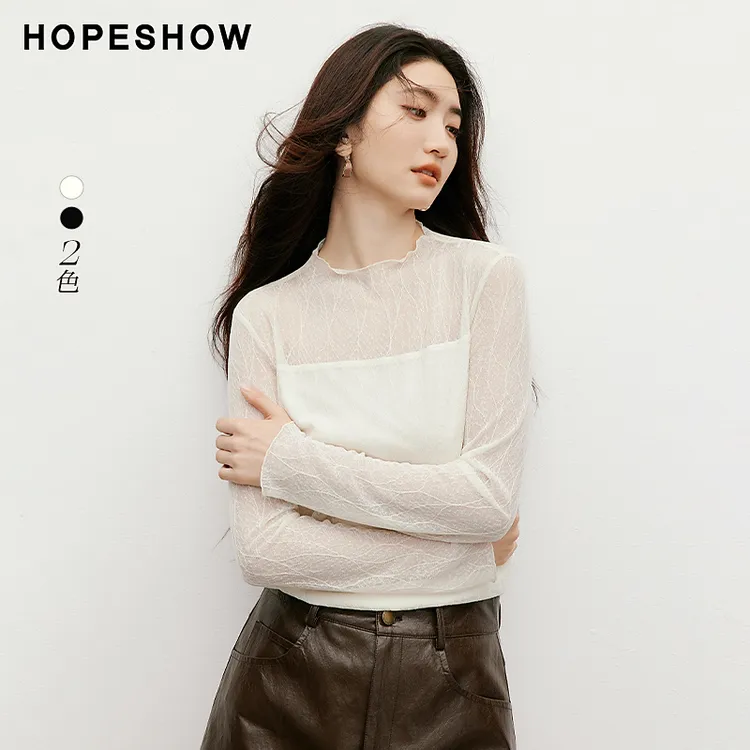 红袖2025秋季女装 蕾丝拼接木耳边正肩长袖立领上衣90125320203