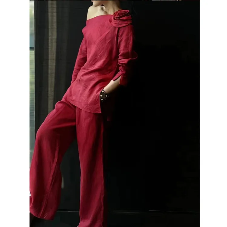 高端时尚名媛气质套装2025春秋设计感露肩亚麻上衣阔腿裤两件套