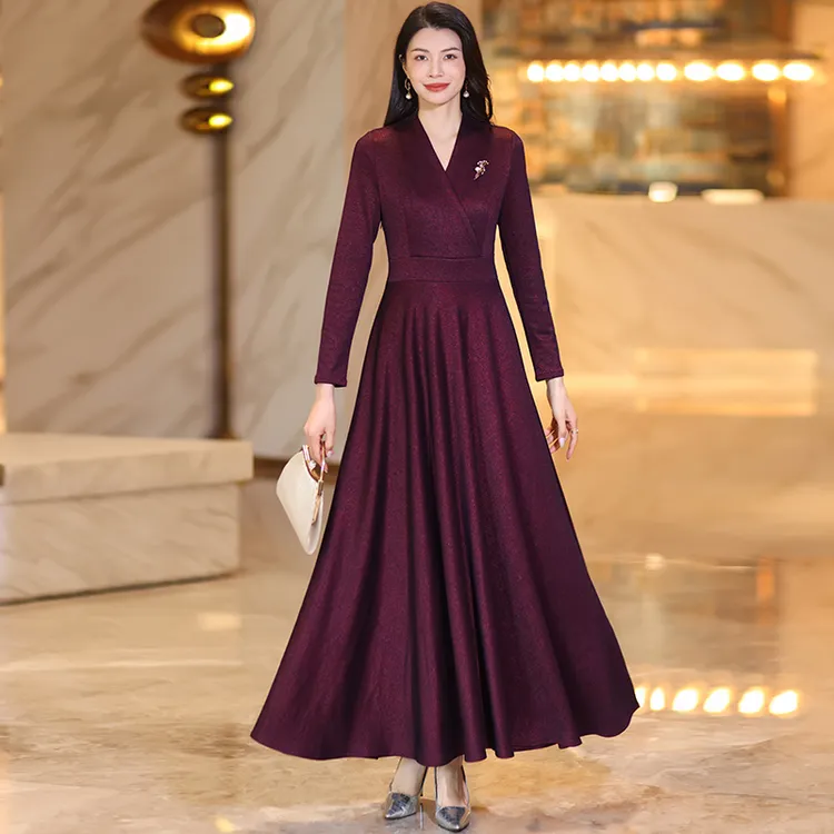 枚紫色法式长袖连衣裙女2025年秋季新款时尚修身显瘦长款大摆裙子